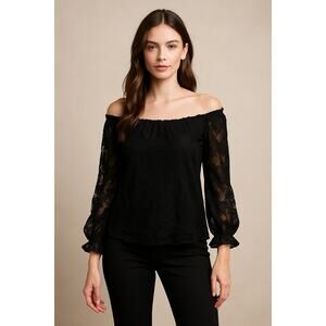 Devlin Black Lace Sheer Long Sleeve Blouse Medium